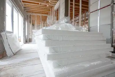 White EPS insulation boards on a concrete foundation wall