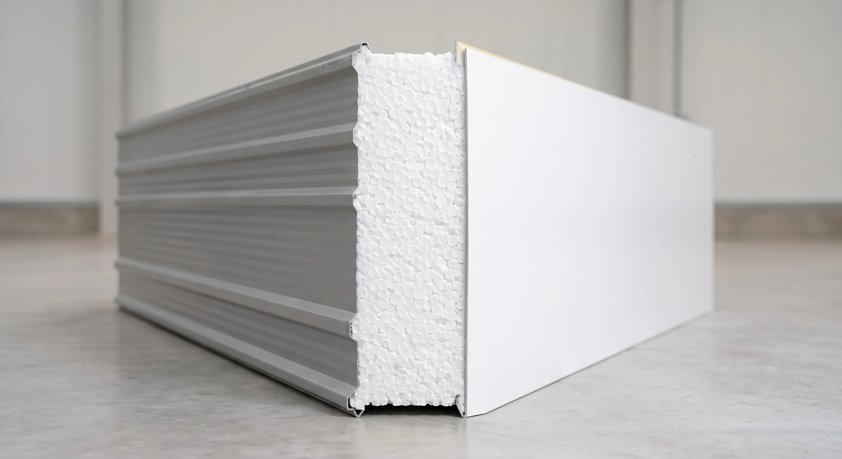 EPS sandwich panel showing steel faces and foam core