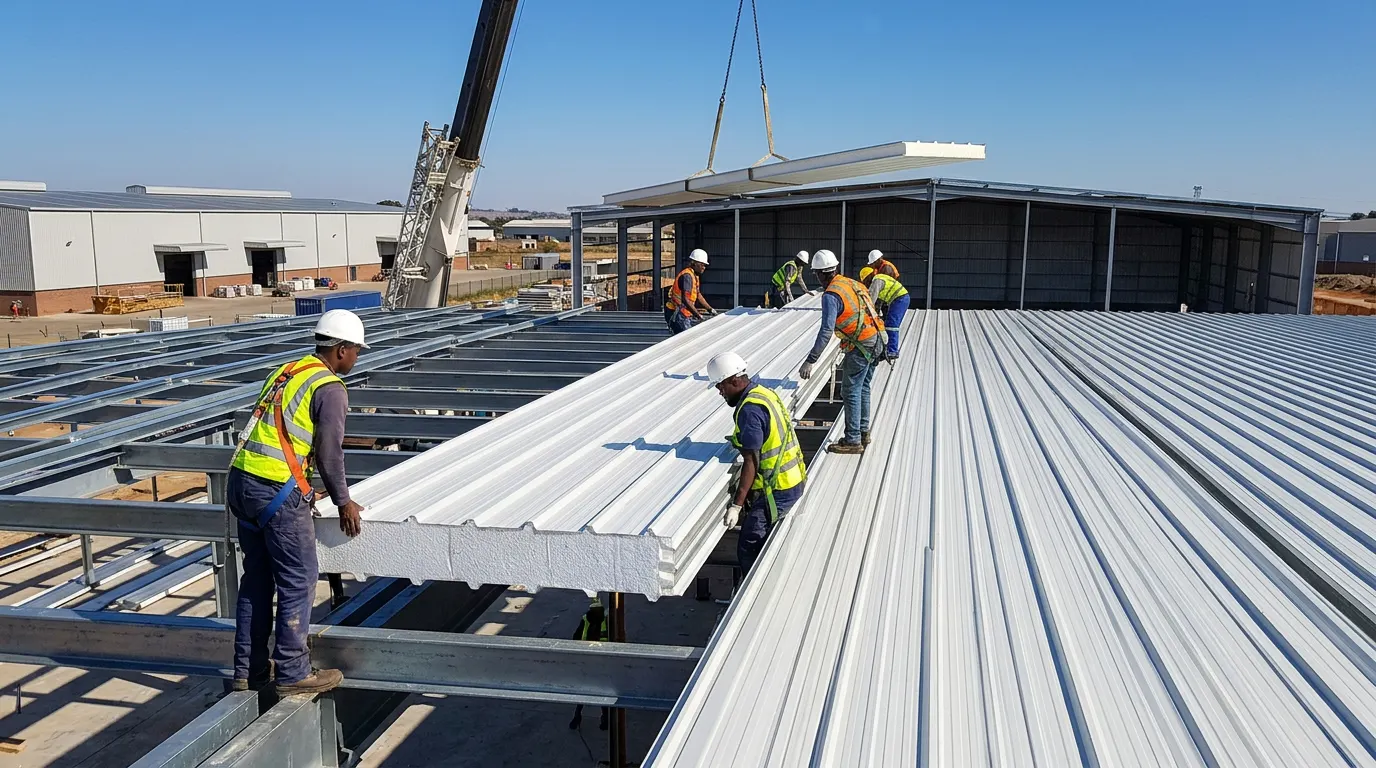 Insulated roof panel with profiled steel top and white EPS core