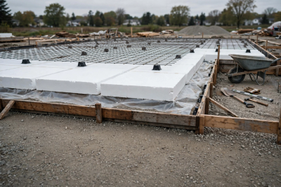 White EPS insulation boards laid under rebar mesh before a concrete slab pour